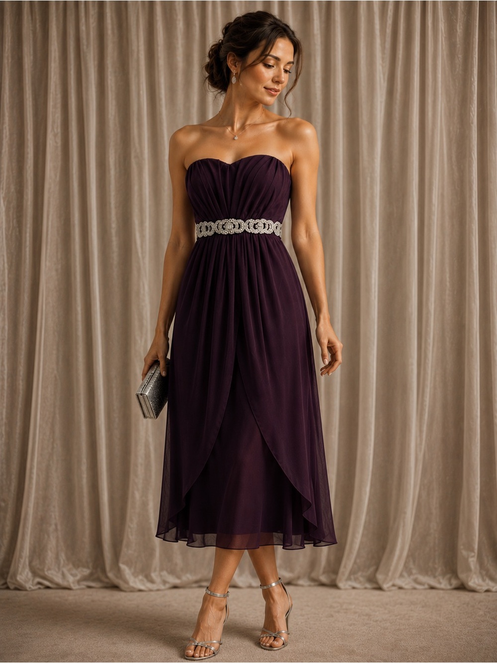 Plum Strapless Midi Dress with Embellished Waist